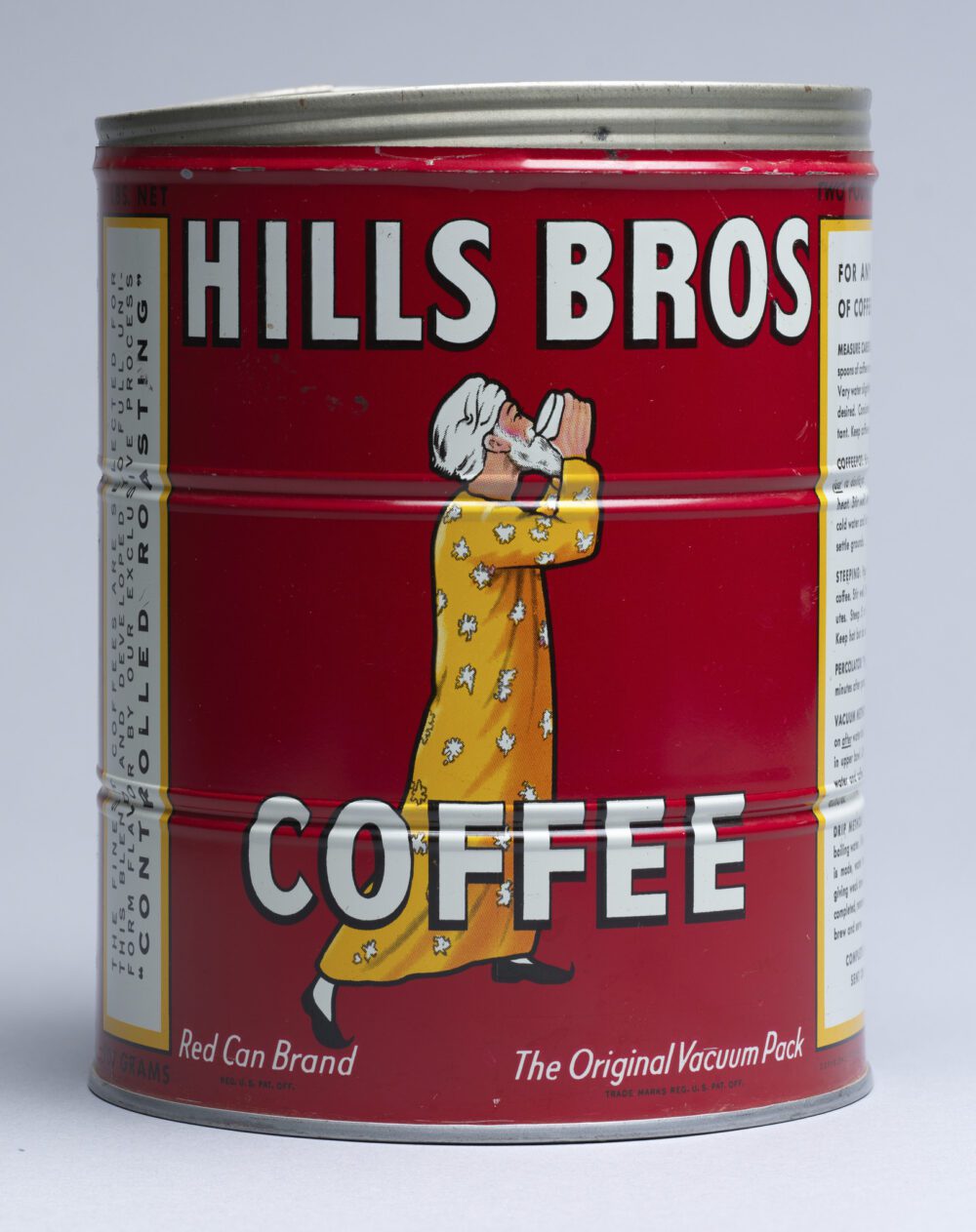 A red coffee can with an man drinking from a white cup with the words "Hills Bros Coffee" superimposed over it.