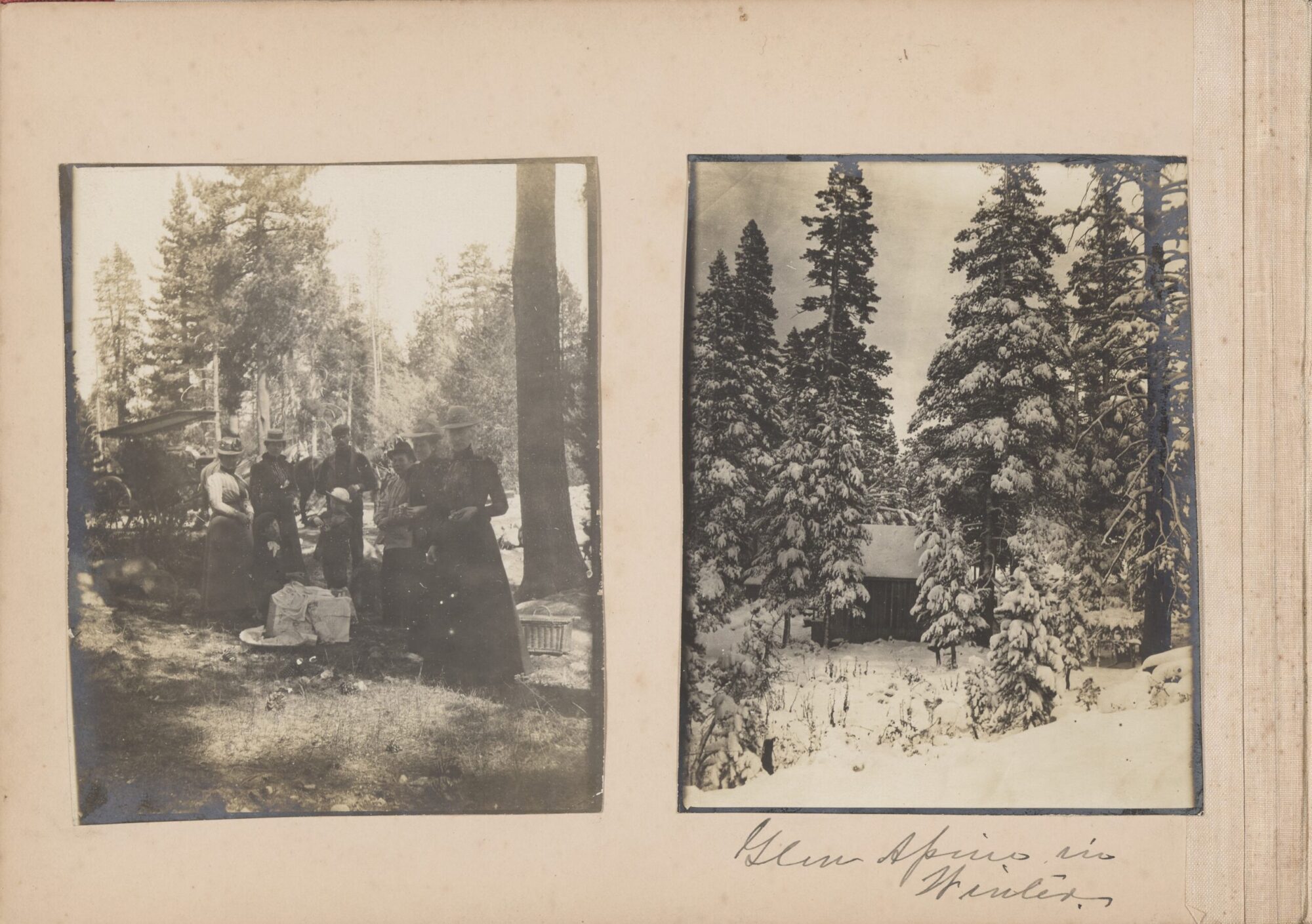 Two black and white photographs at Glen Alpine Springs. On the left, a group of people. On the right, the forest covered in snow.