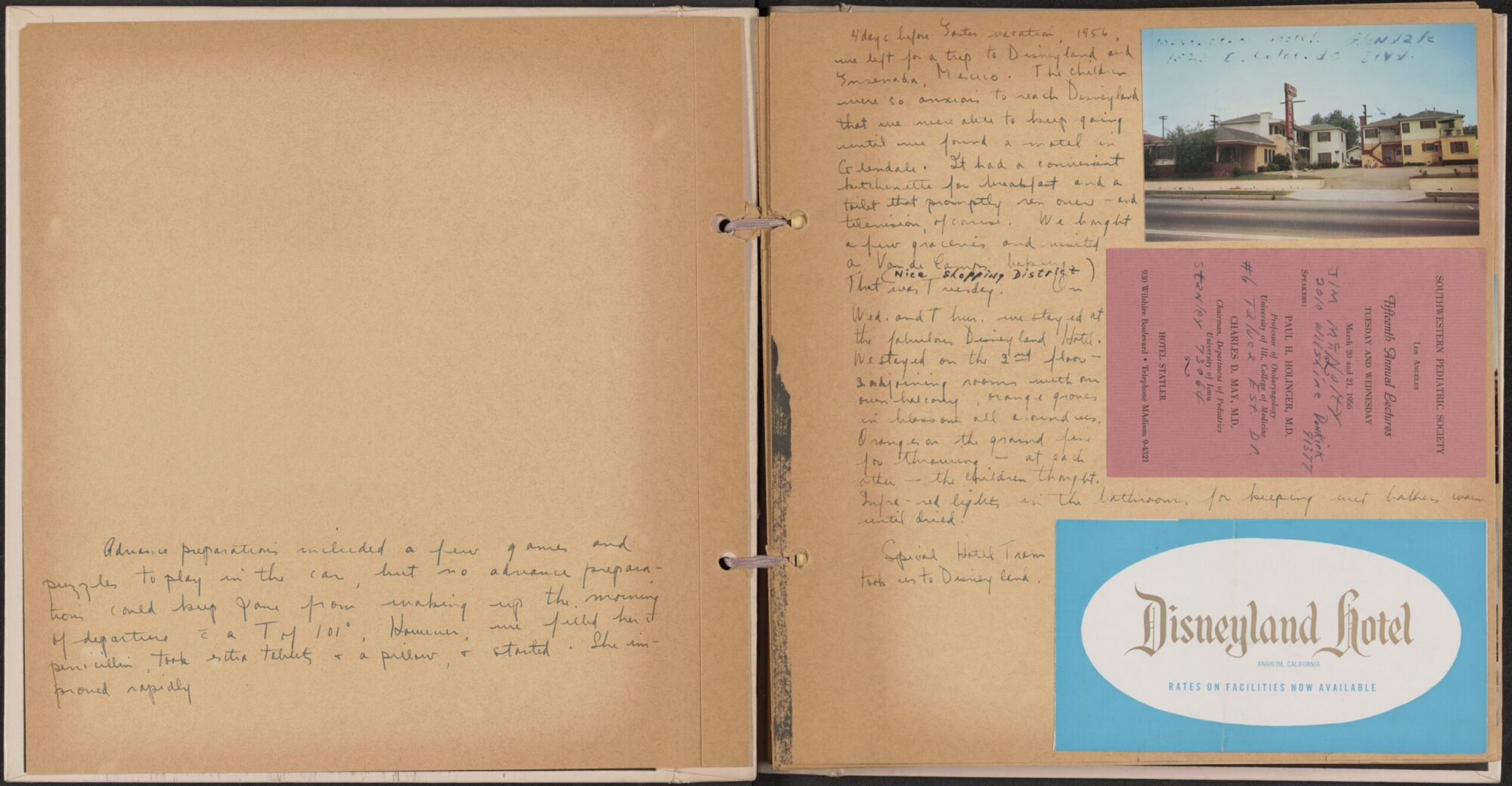 A scan of pages of the scrapbook showing mementos from Disneyland and a brief account of what she did.