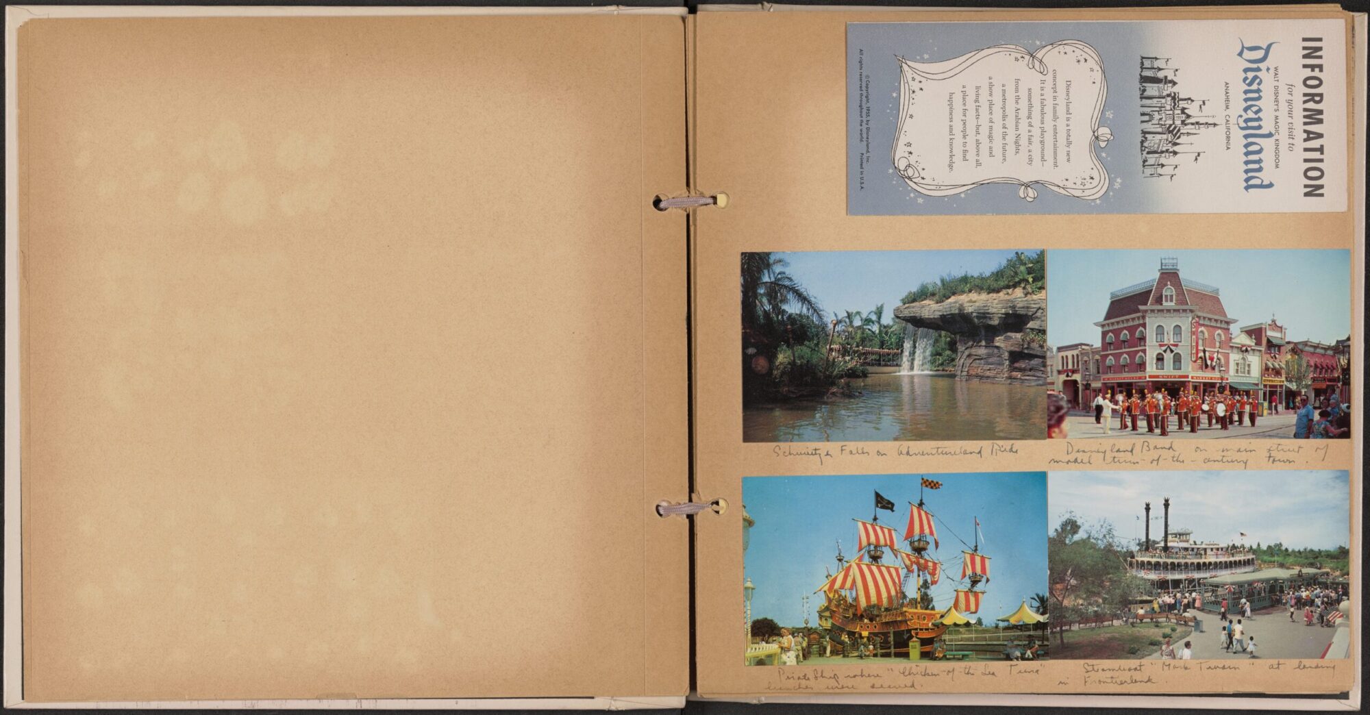 A scan of pages from Eleanor's scrapbook with four photographs taken at Disneyland and an informational brochure.