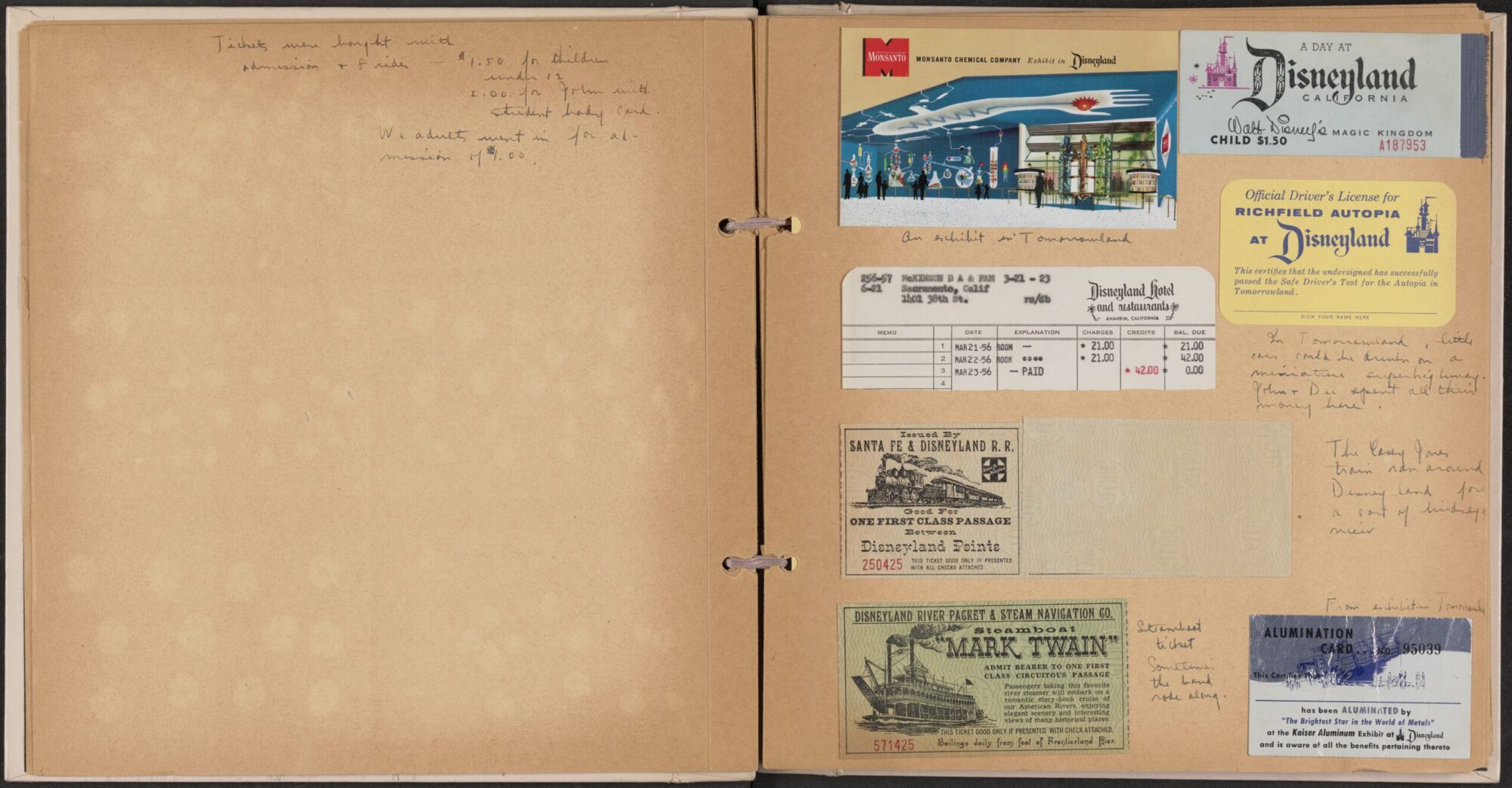 A scan of the pages of Eleanor's scrapbook with more mementos such as tickets and flyers from Disneyland.