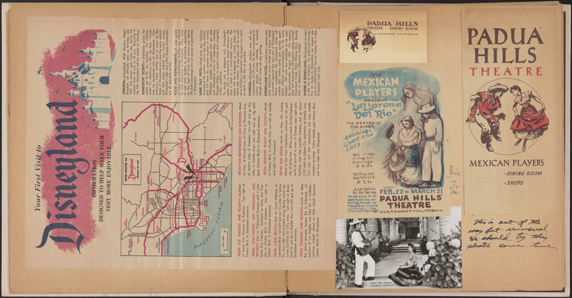 Two pages from Eleanor's scrapbook. On the left, a flyer from Disneyland. On the right, mementos from a play at Padua Hills Theatre.