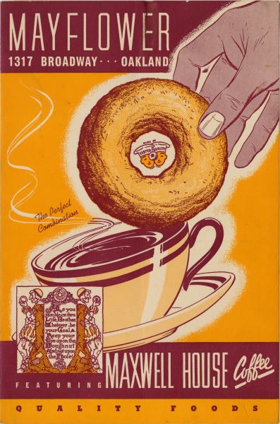 A drawn menu for Mayflower Coffee illustrating a donut being dripped into a cup of coffee on an orange background.