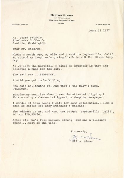 A letter to Jerry Baldwin about how they named their baby Starbuck.