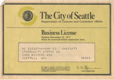 An old city of Seattle business license issued in 1971 to “Starbuck’s Coffee Co.”.