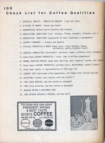A page from a book reading “Checklist for coffee qualities” at the top.