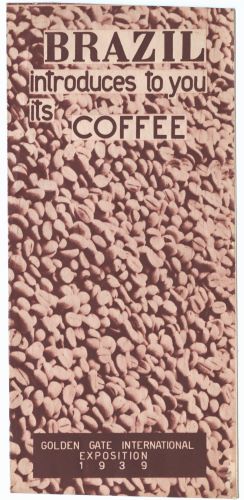 A brochure from the 1939 Golden Gate International Exposition 1939 with a pattern of brown coffee beans and text reading “Brazil Introduces You To Its Coffee”.