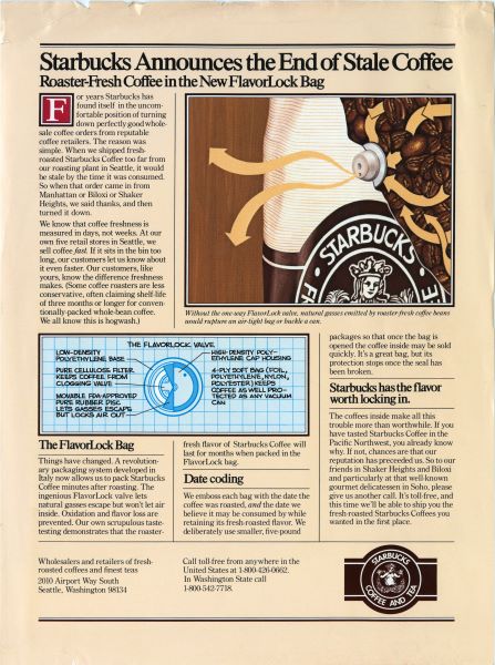 A newspaper clipping saying “Starbucks Announces the End of Stale Coffee” with the words “Roaster-Fresh Coffee in the New FlavorLock Bag” beneath it.