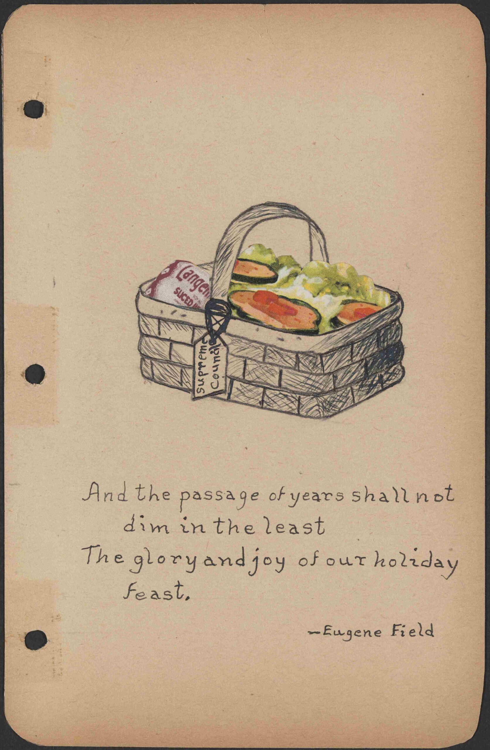 A scan of a page of the travelogue with a drawing of a fruit basket.