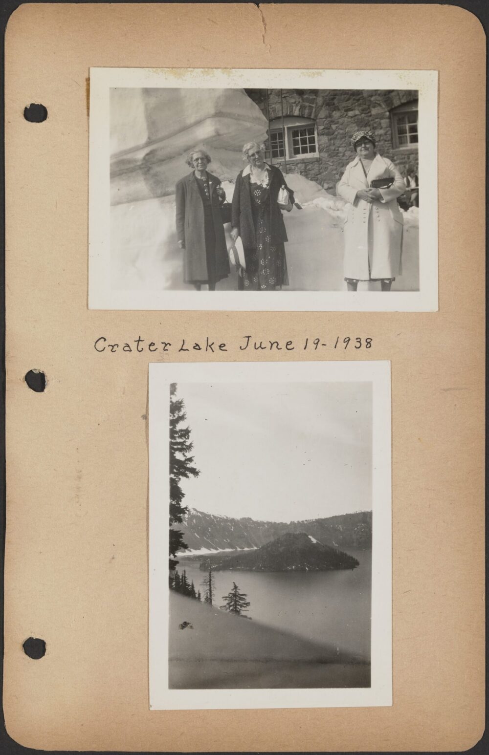 A scan of a page of the travelogue with two black and white photographs. The top one is of three women, the bottom one is of Crater Lake.