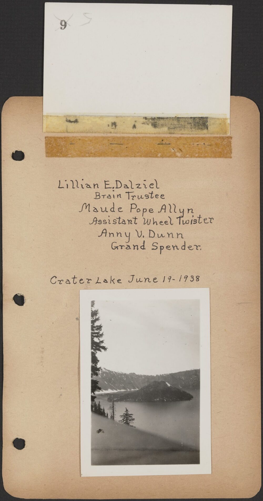 A scan of the same page with the photograph of the three women lifted to show their names and assigned role.