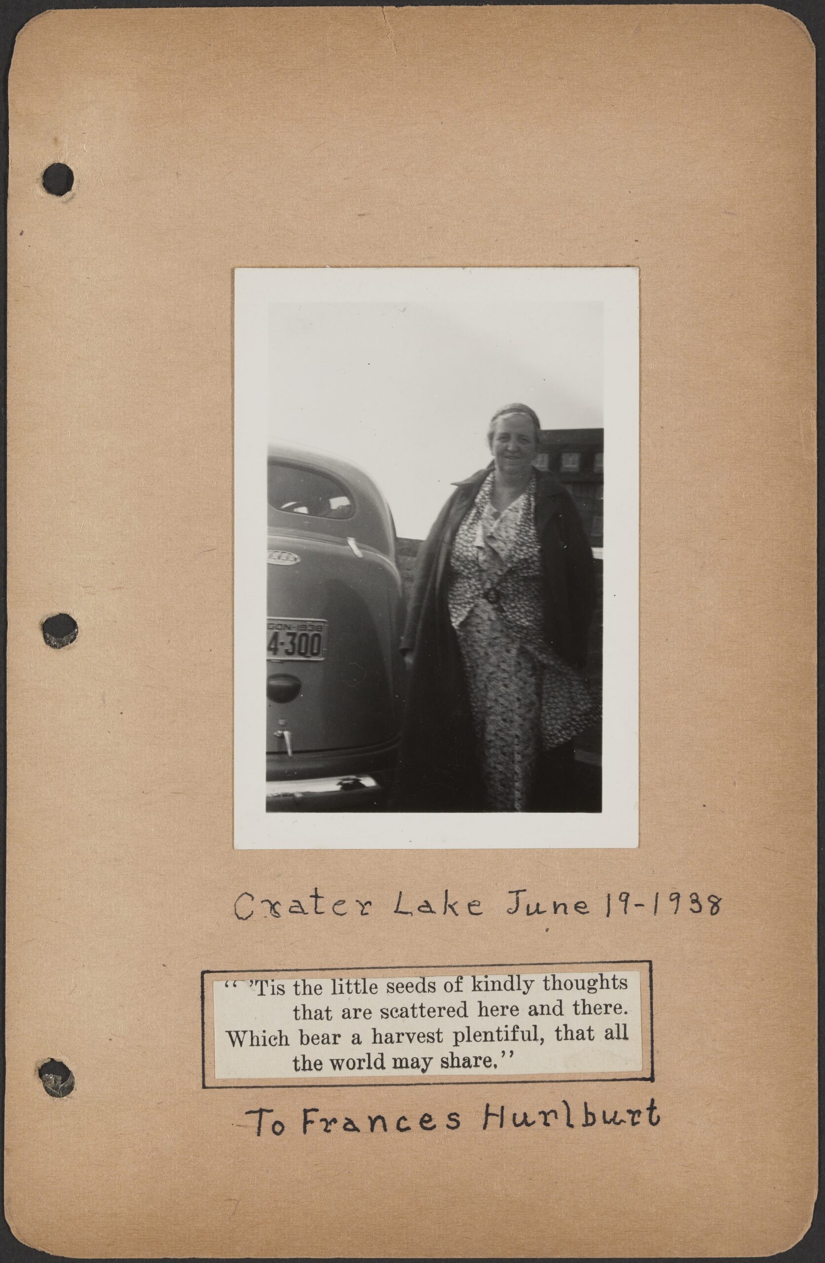 A scan of a page of the travelogue with a photograph of Frances Hurlburt.