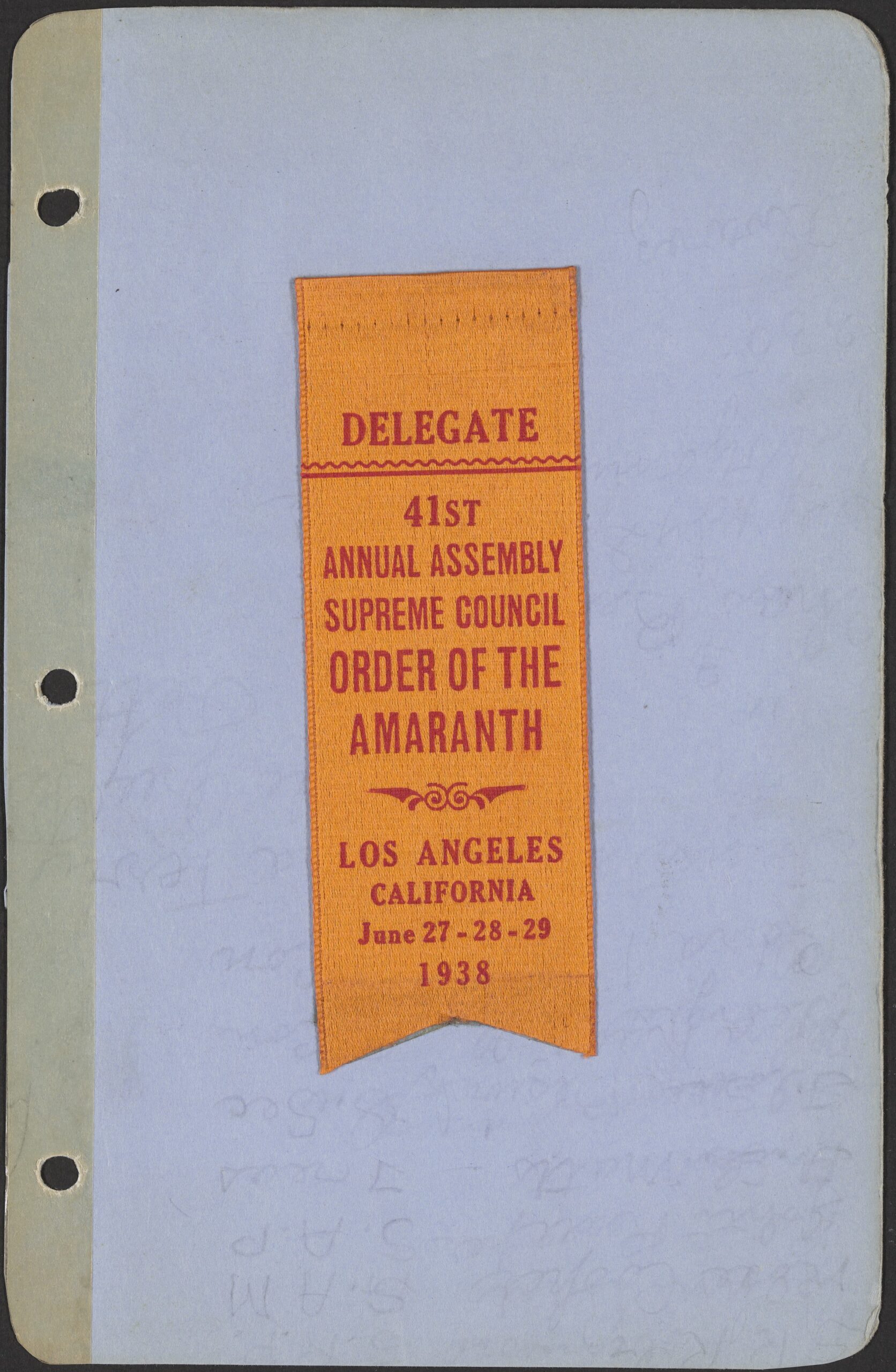 A scan of a page of the travelogue with a ribbon.