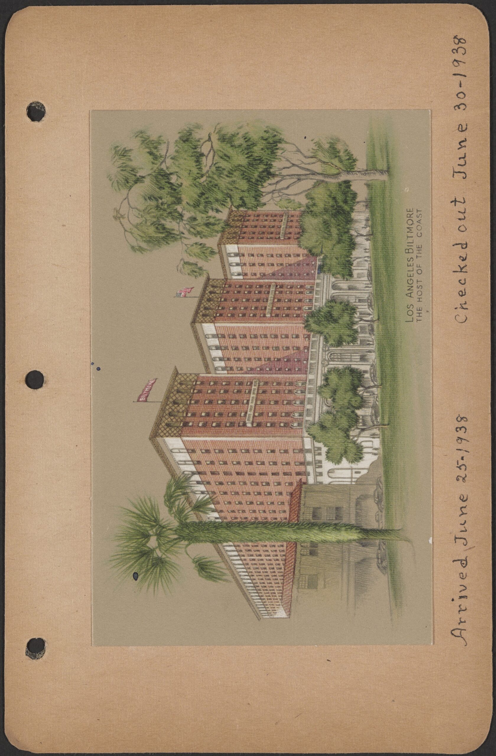 A scan of a page of the travelogue with a postcard from the Los Angeles Biltmore Hotel.