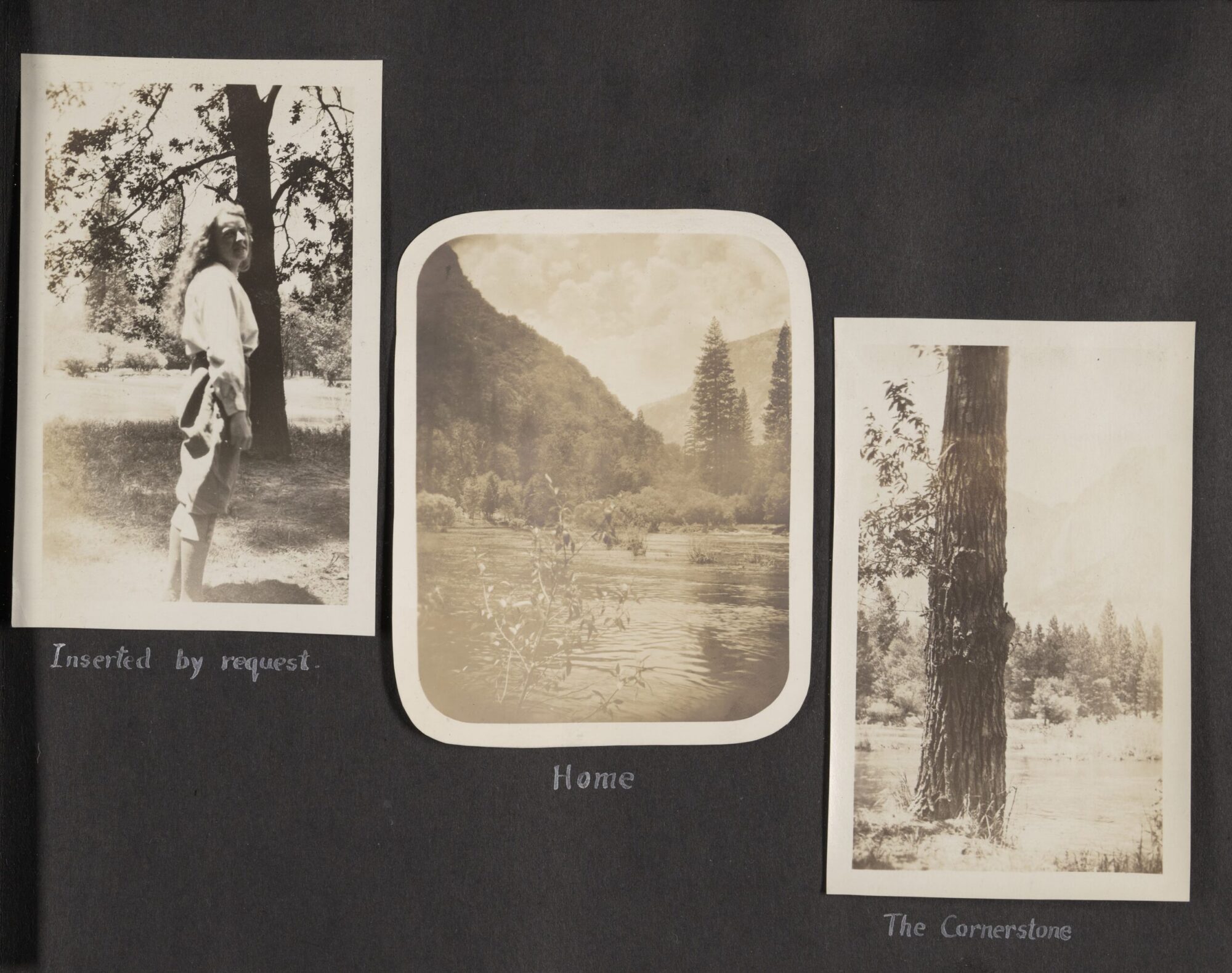 A scan of Page 9 of the photograph album that includes 3 black and white photographs. Only one is a photograph of a person (Alice) the rest are of nature.