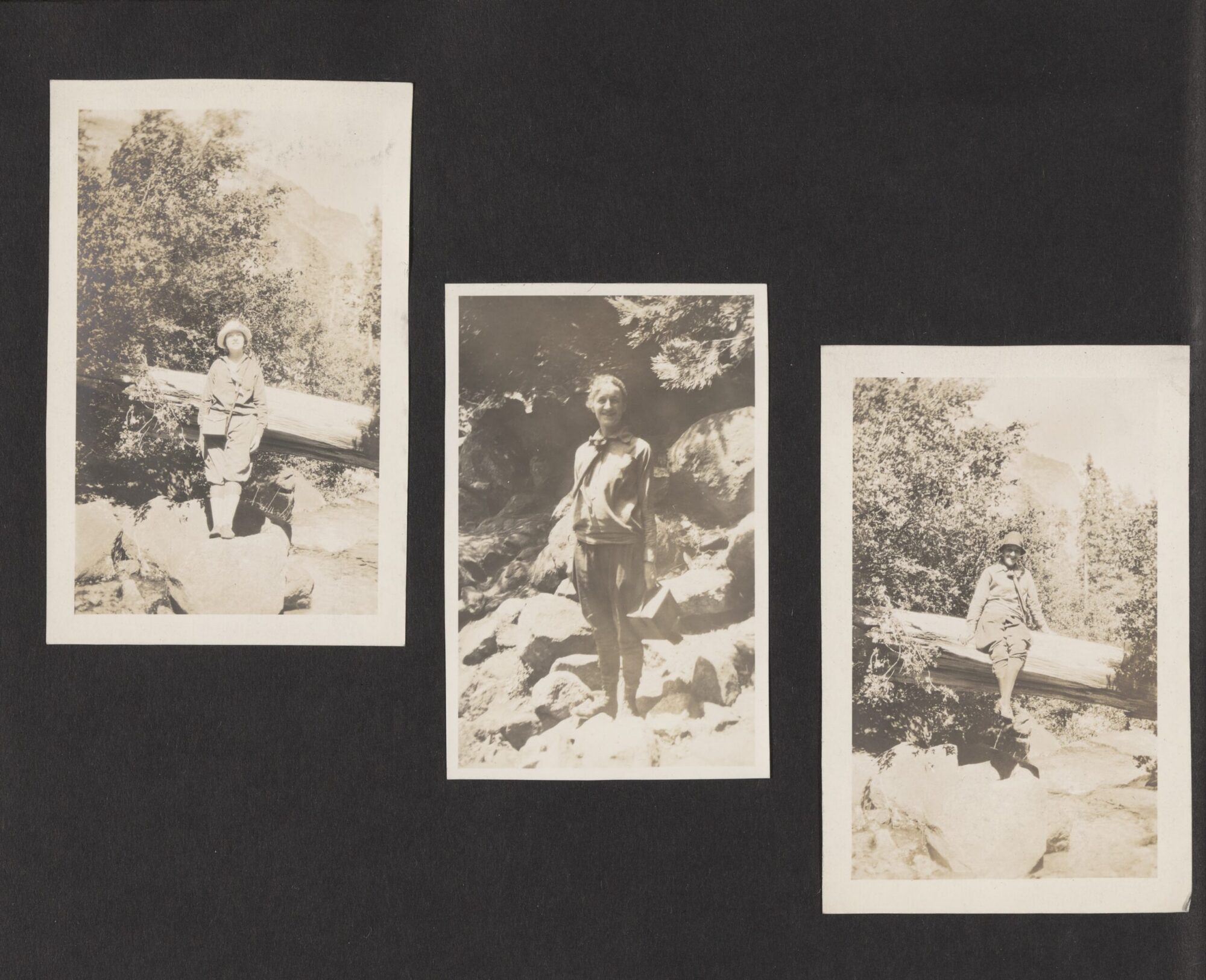 A scan of a page of the photograph album with three black and white photographs of a woman in nature.