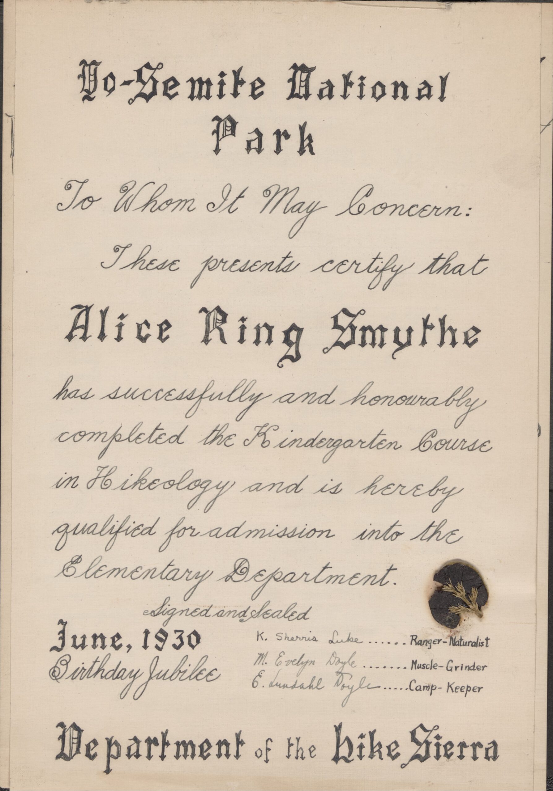 A scan of a certificate made by Alice.
