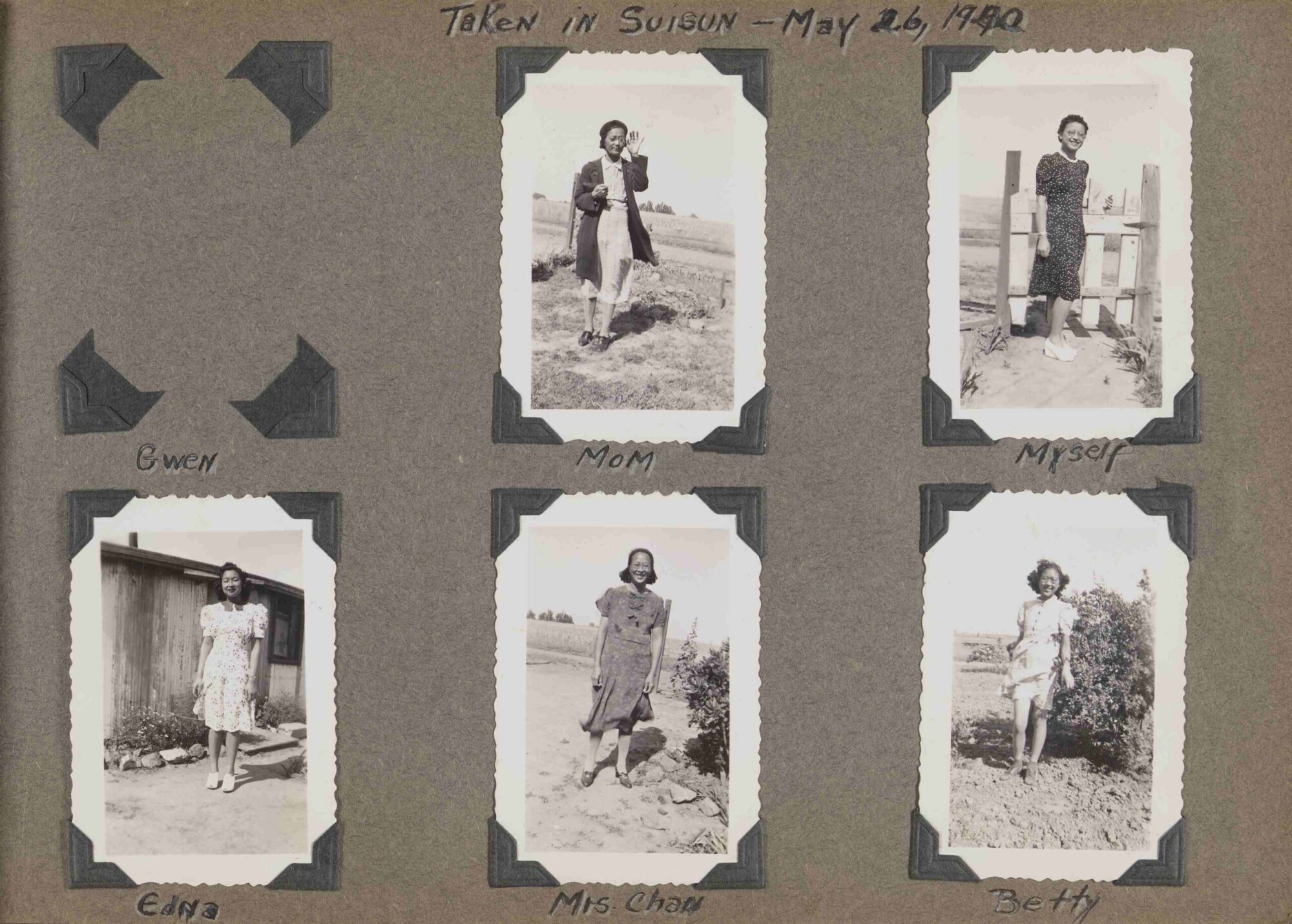 A scan of a page of a photograph album with five black and white photographs taken in Suisun.