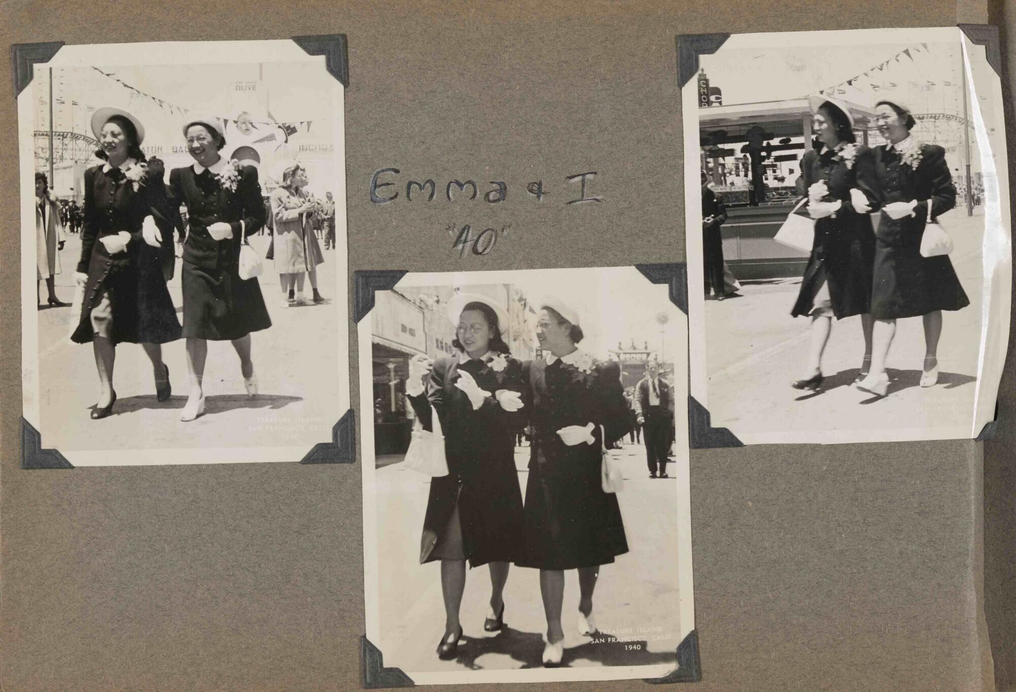 A scan of a page of a photograph album with three black and white photographs of two women (Emma and Ada) at the fair.