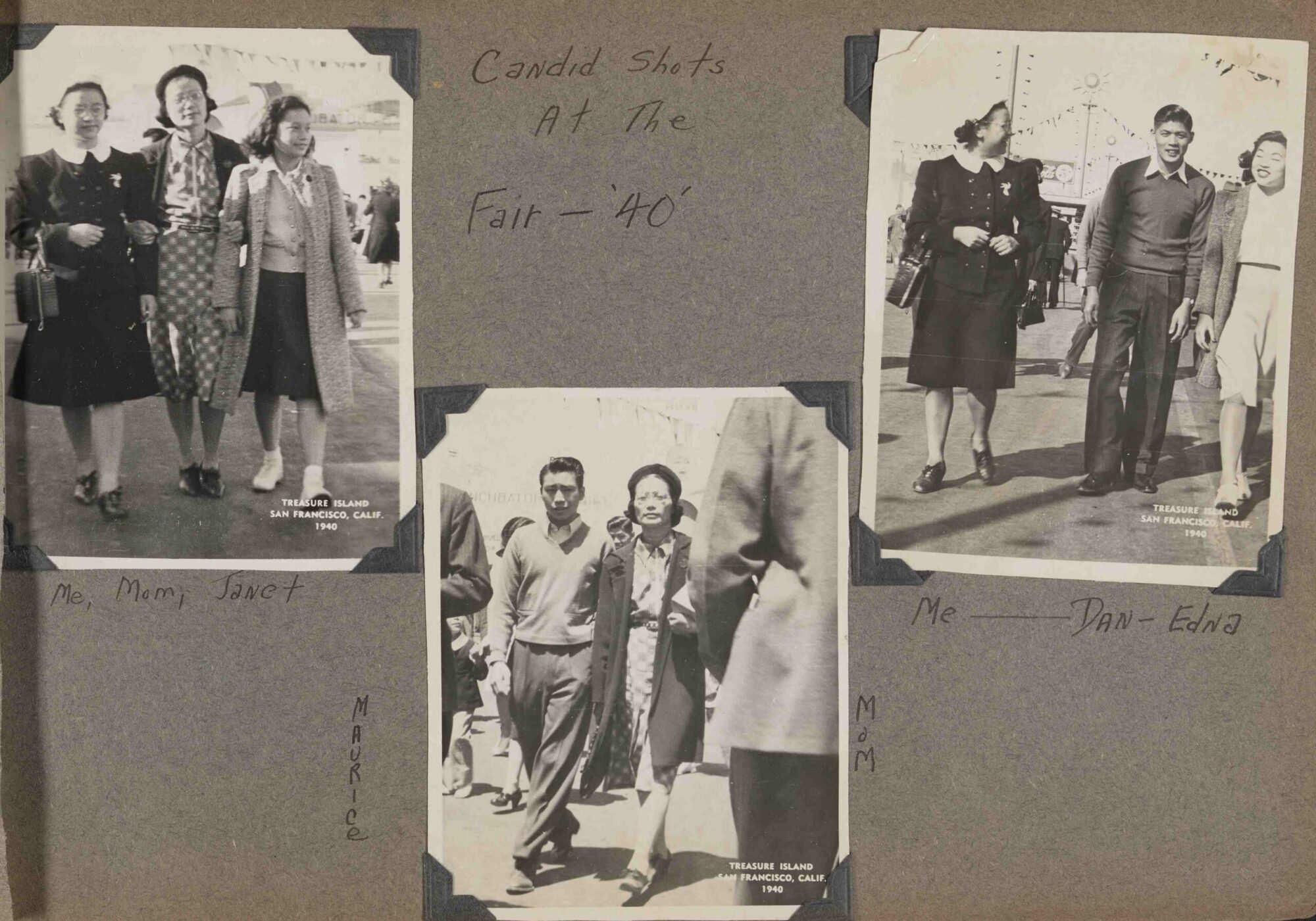 A scan of a page of a photograph album with three black and white photographs of people (Ada and her family and friends) at the fair.