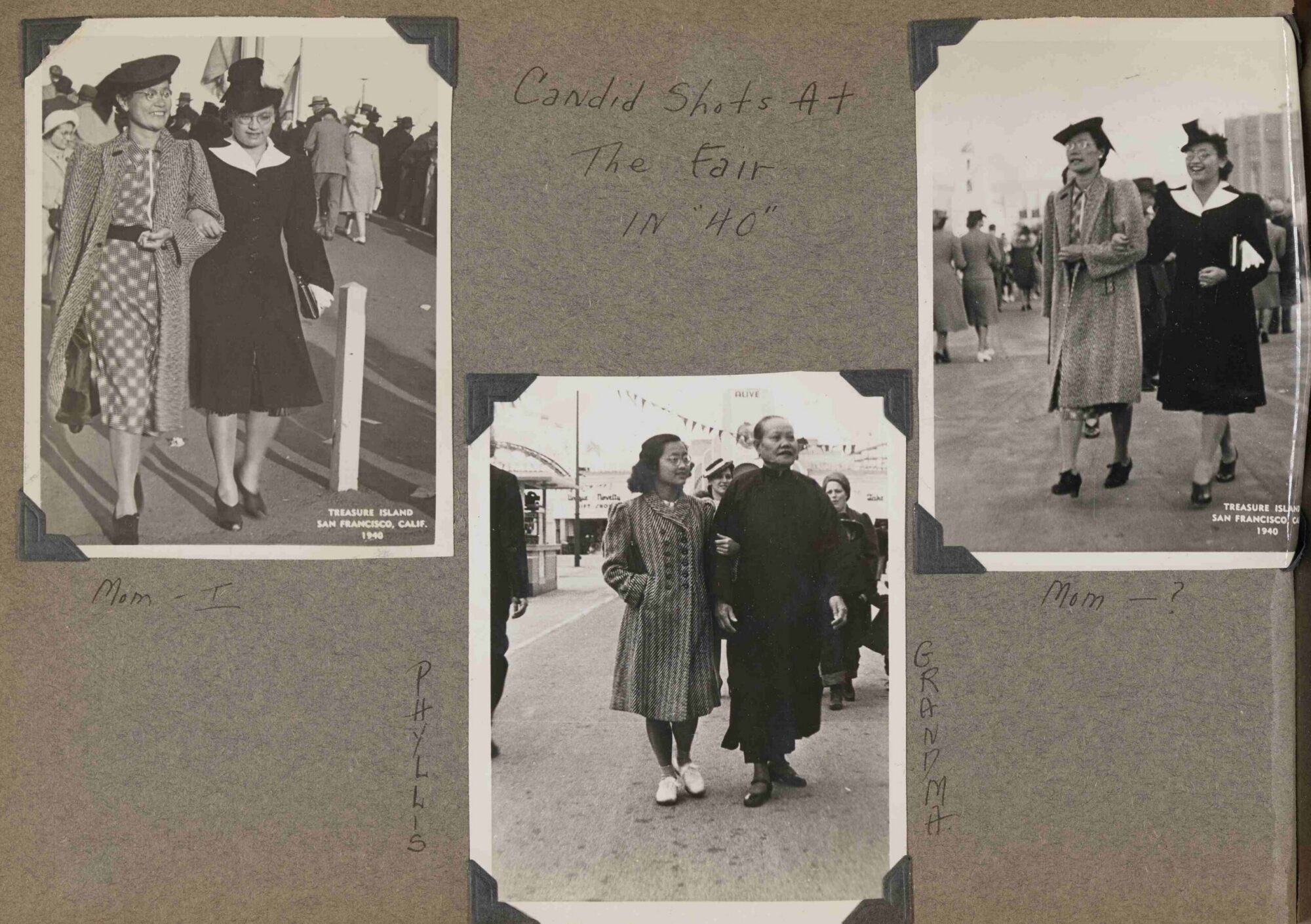 A scan of a page of a photograph album with three black and white photographs of people (Ada and her family and friends) at the fair.