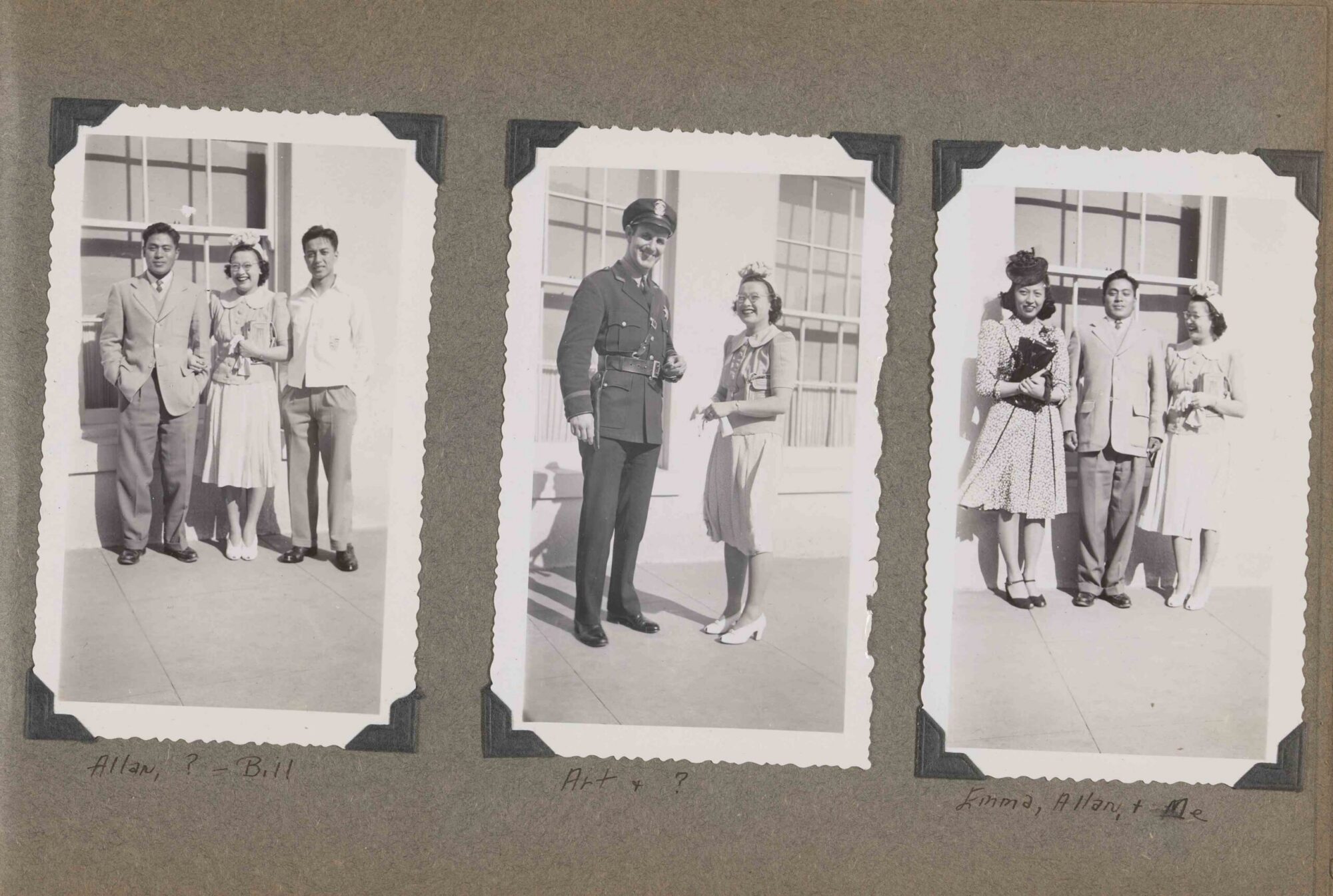 A scan of a page of a photograph album with three black and white photographs.