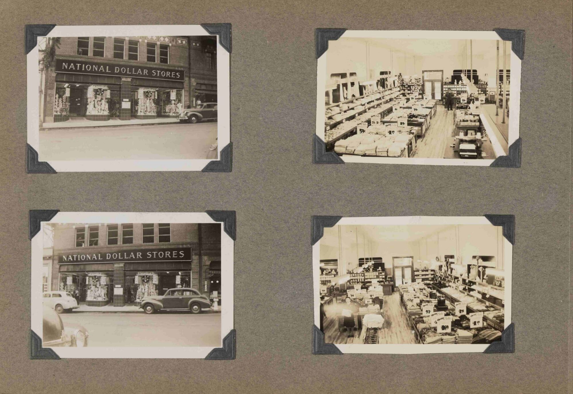 A scan of a page of a photograph album with four black and white photographs with interior and exterior shots of a grocery store.