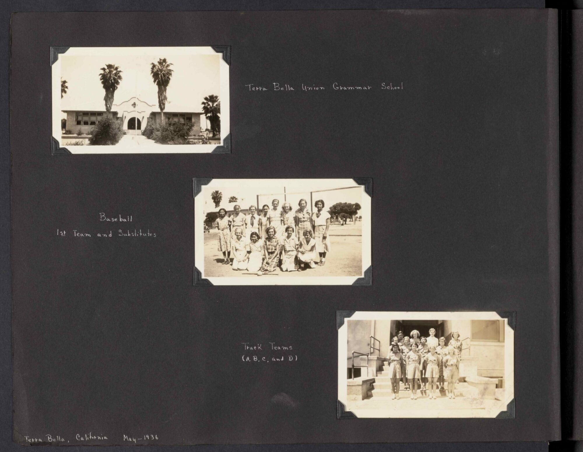 A scan of a page of a photograph album with three black and white photographs.