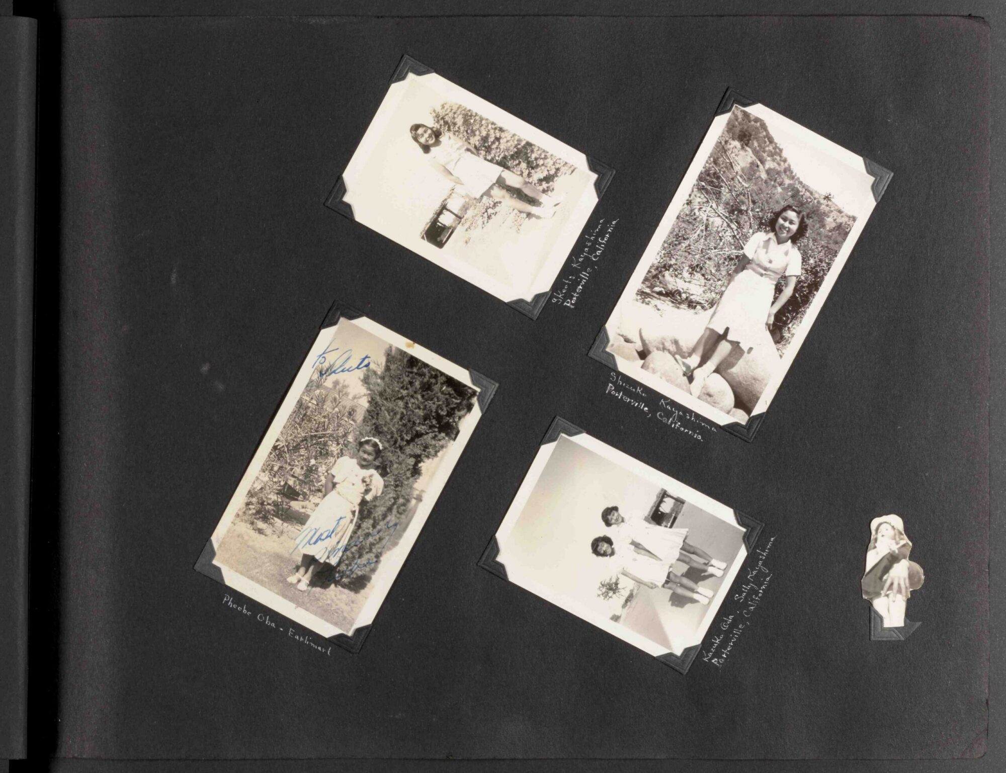 A scan of a page of a photograph album with five black and white photographs.