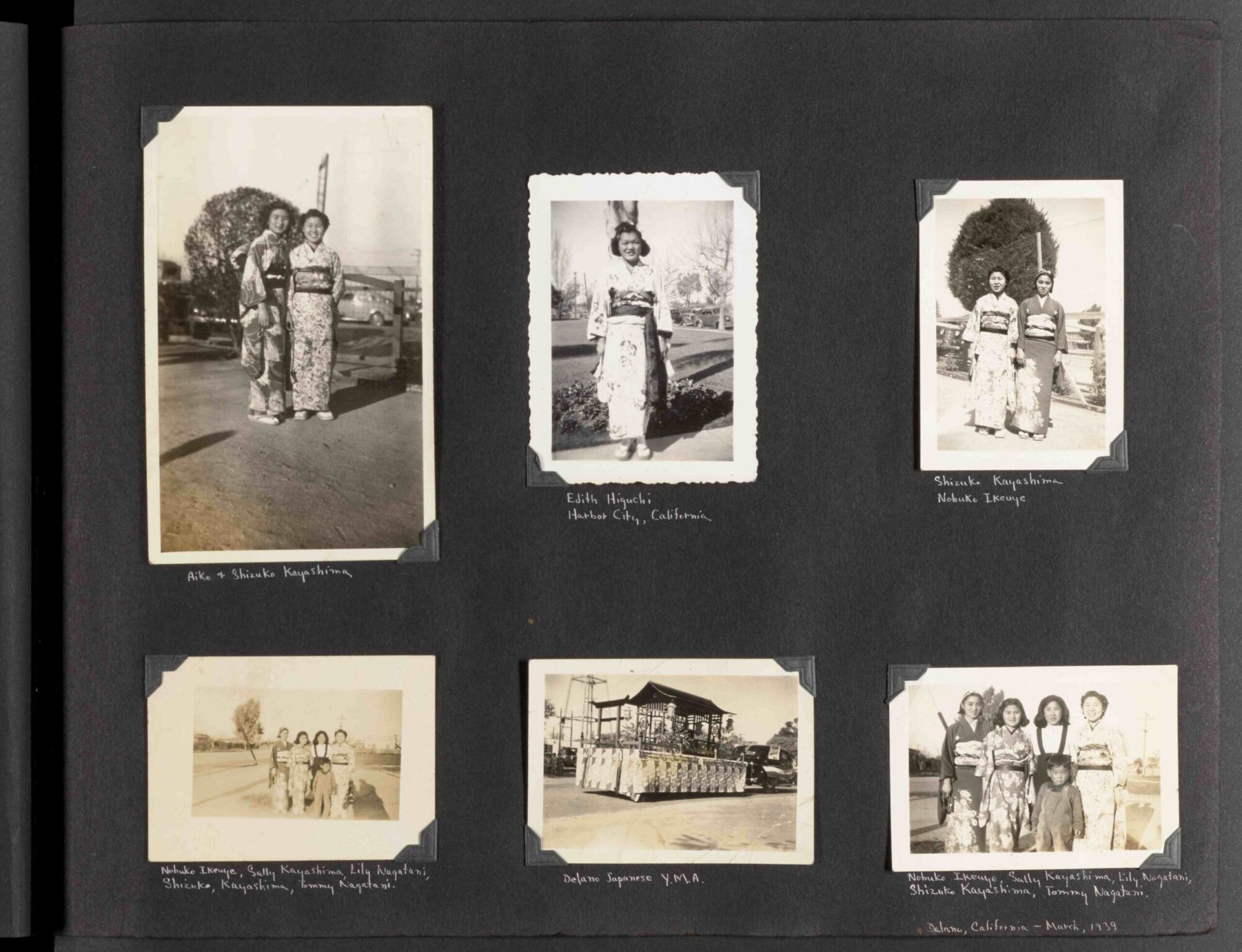 A scan of a page of a photograph album with six black and white photographs.