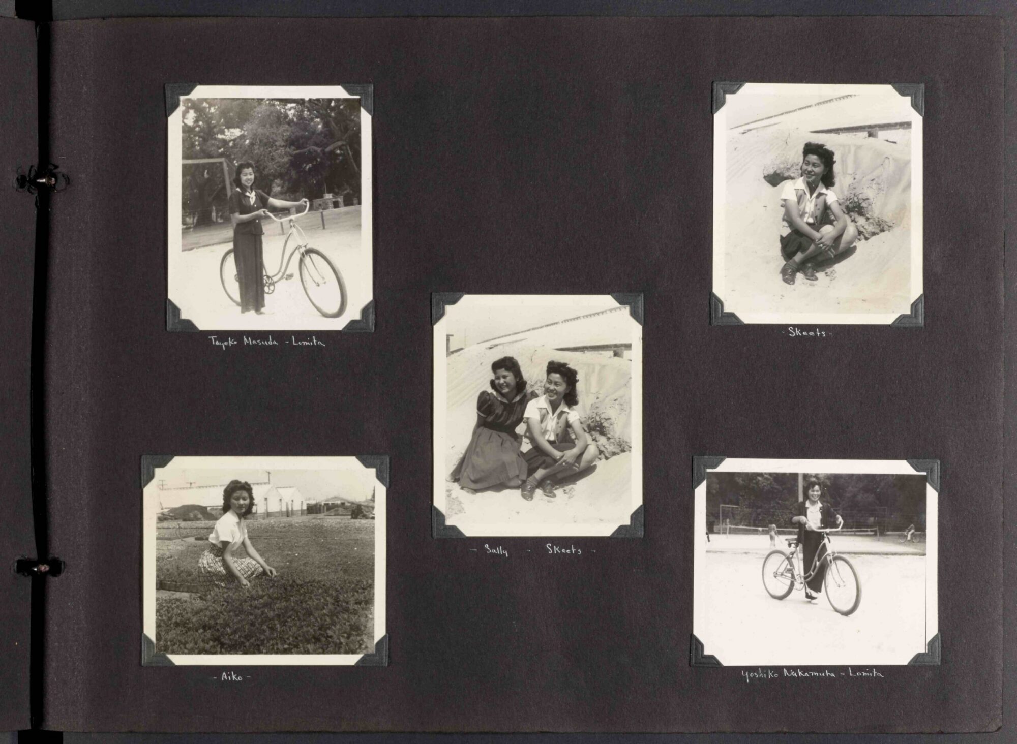 A scan of a page of a photograph album with five black and white photographs.