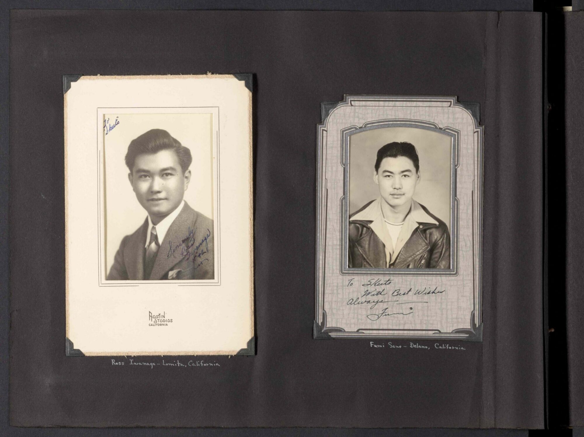 A scan of a page of a photograph album with two black and white signed portraits.