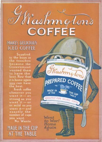 An advertisement for instant Washington's Coffee with a tin-can man saluting on an orange background