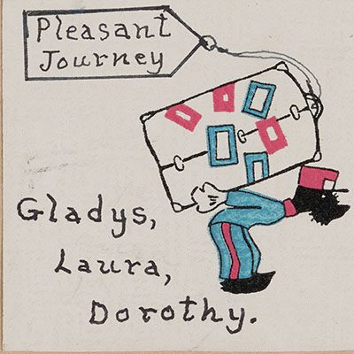 A hand drawn colored sketch of someone carrying a suitcase with the names Gladys, Laura and Dorothy.