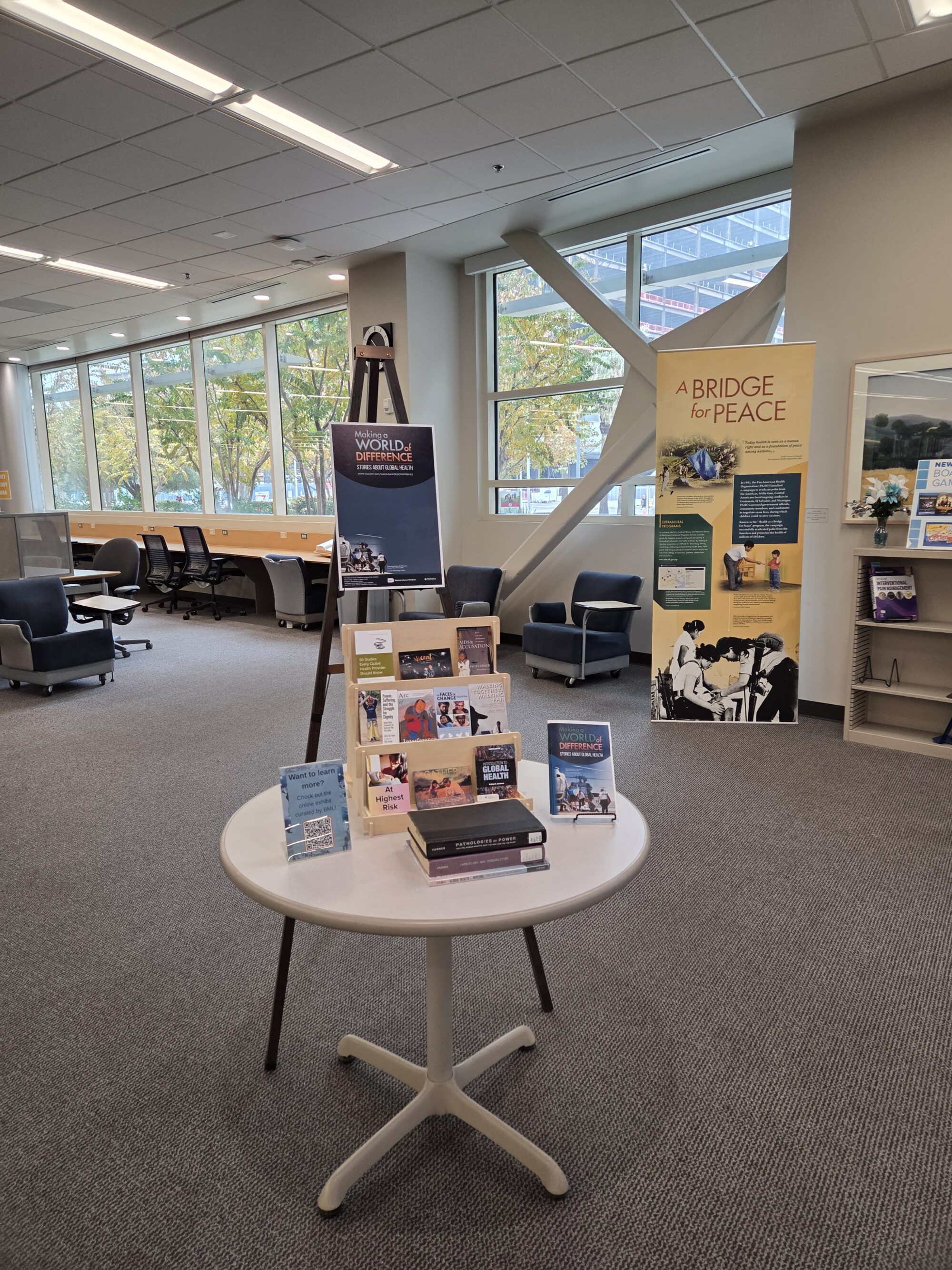 Tabletop display of Making a World of Difference exhibit at Blaisdell Medical Library 