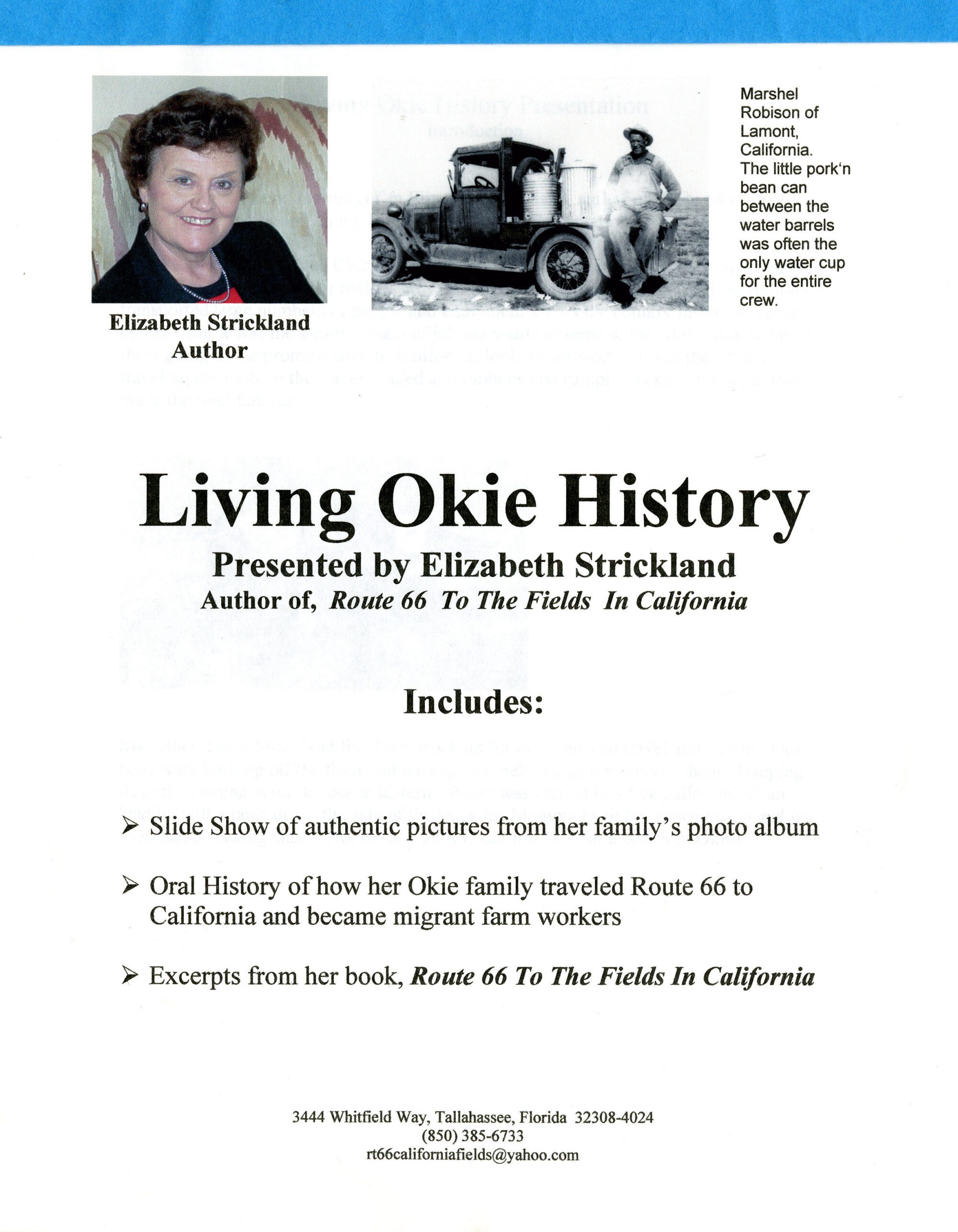 Printout of Elizabeth Strickland Smith’s presentation for her book, Route 66 to the Fields in California.